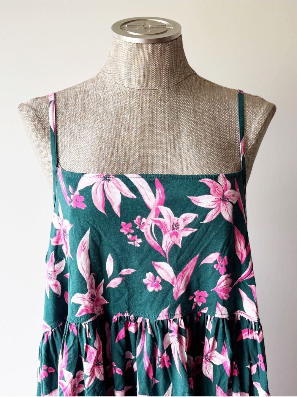 Petite Plume Pima Serene Lounge Dress, Green and Pink Floral Nightgown - Picture 4 of 12